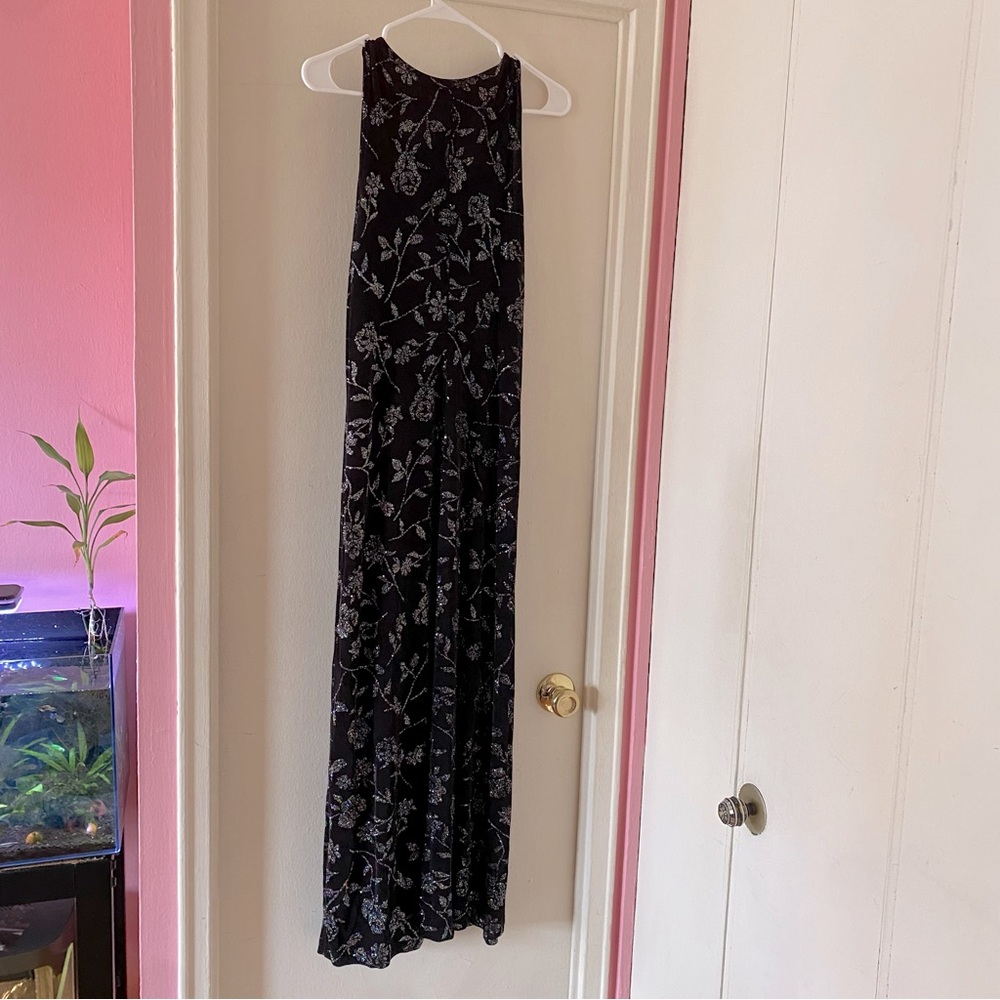 Vintage All That Jazz Black Slinky Maxi Dress with Glitter Flowers - Picture 4 of 7